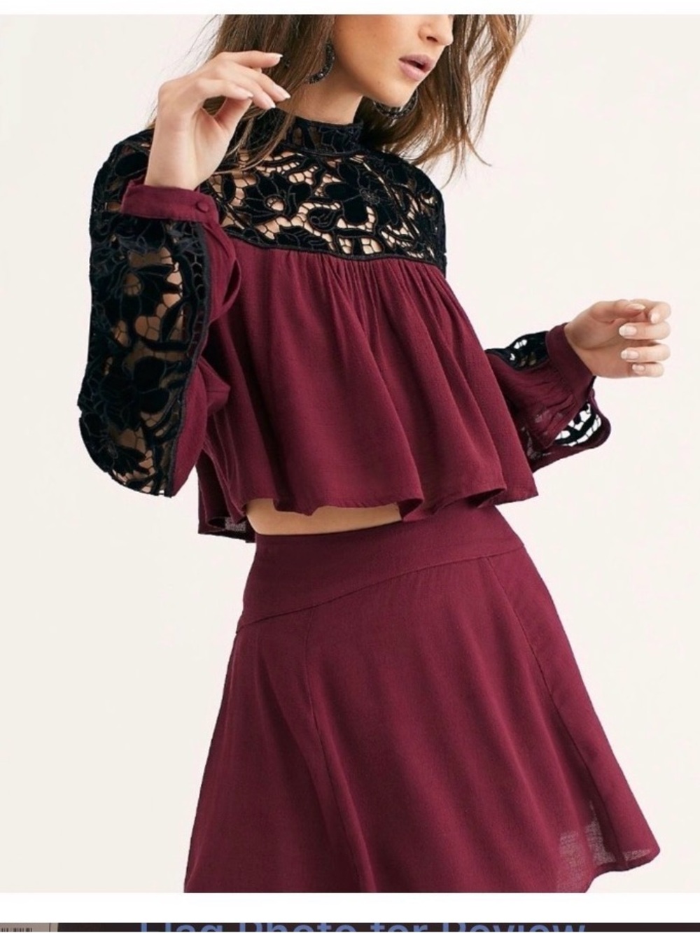 Free People Burgundy Cropped Blouse with Black Lace